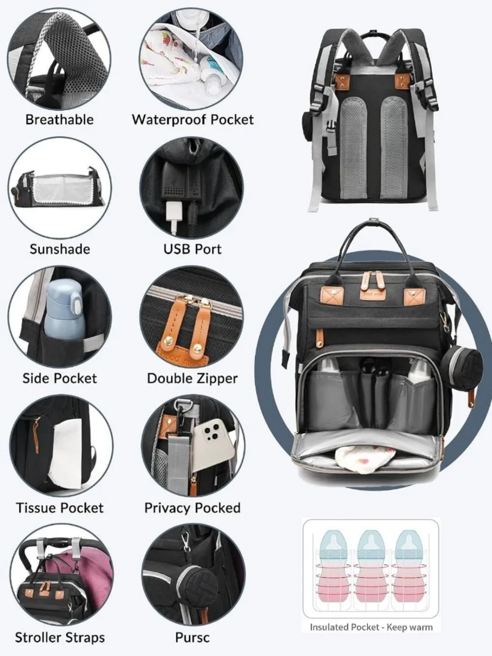 Stylish Waterproof Diaper Bag Backpack with Changing Station & USB Port, Large